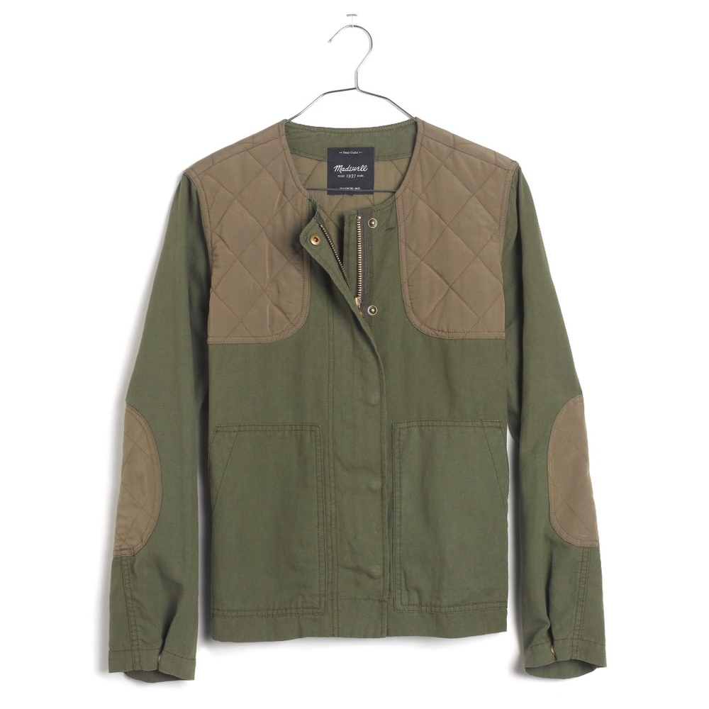 Madewell Green Quilted Bomber Jacket with Elbow Pa